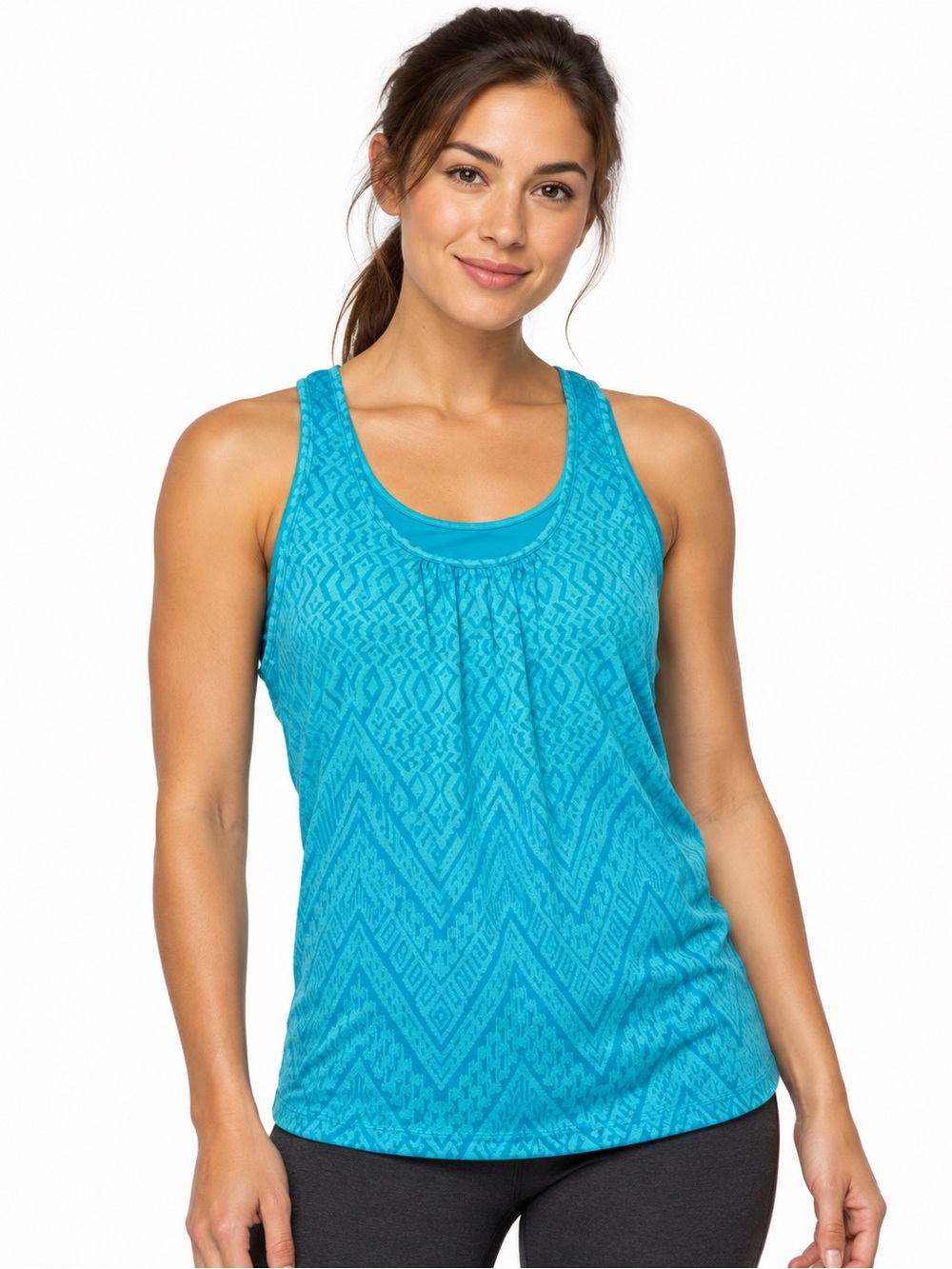 prAna Mika Double Layer Racer Tank Medium Teal Blue Geometric